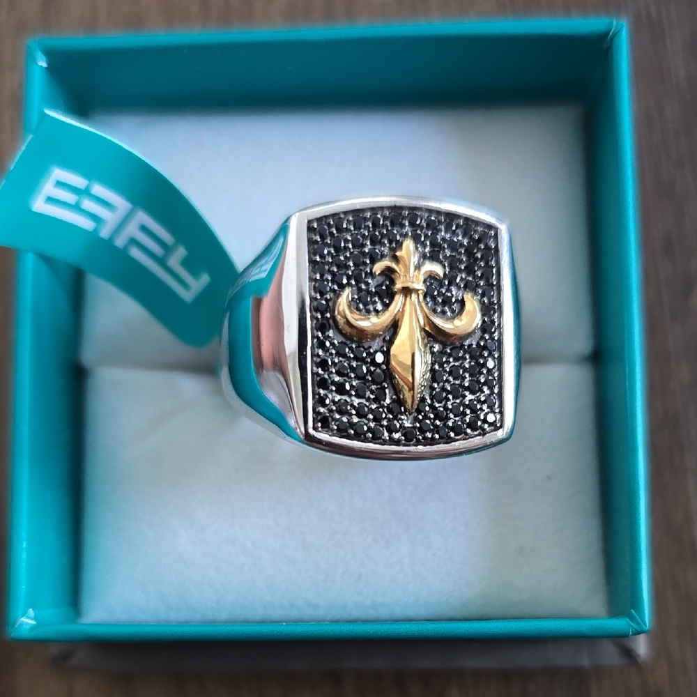 EFFY Mens 925 STERLING SILVER/14K YELLOW GOLD BLACK SAPPHIRE RING